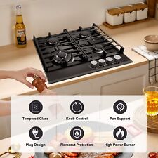 4 Burners Gas Hob 60cm Black Tempered Glass Kitchen Built in Gas Cooktop NG/LPG