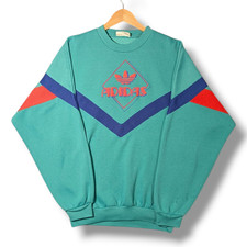 Vintage Adidas Sweatshirt Mens Medium Turqoise Neon 1980s Colour Block Jumper D5