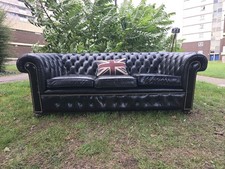A MAGNIFICENT VINTAGE  Black  Leather  Three Seater Chesterfield Sofa