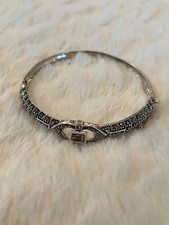 Vintage Art Deco Sterling Silver 925 Marcasite Hinged Bangle Bracelet 