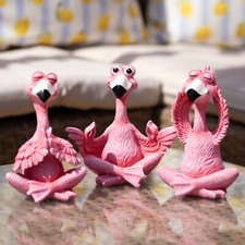 Set Of 3 Yoga Flamingo Garden Ornaments Pink Resin Meditating Bird Sculptures