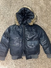 Kids’ XL Genuine Leather Puffer Jacket Black with Hood