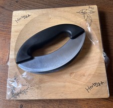 Square Wooden Herb Cutting Board With Herb Cutter Chopper 20cm X 20cm Unused