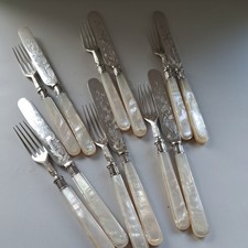 Set Of6 Antique Silver & Mother Of Pearl Handled Knives & Forks (C) 1858_1880