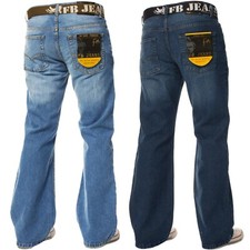 FBM Bootcut Jeans Mens Wide Leg Flared Denim Belted Trousers Pants UK Waist Size
