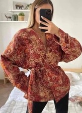 Zara Moroccan Inspired Aztec ethnic floral Printed Puffer kimono Jacket belt S-M