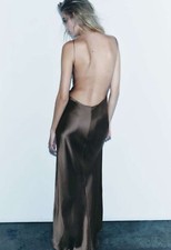 Zara Slip Dress Dark Khaki Green  XS 8325/840  Backless Maxi New