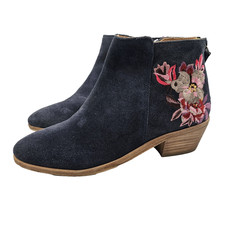 Joules Navy Suede Embroidered Floral Back Zip Ankle Boots - Size 5