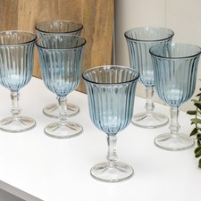 Set Of 6 Blue Ribbed Wine Glasses 240ml Stemmed Glass Drinking Goblets Tableware