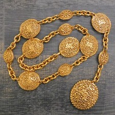CHANEL Gold Plated CC Logo Round Vintage Chain Belt #472c Rise-on