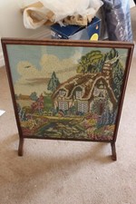 Vintage Tapestry Wooden Fire Screen Thatched cottage design Brown Wood Frame