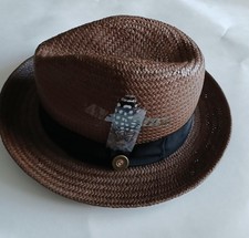Southern Gents Hat Fedora Fitted Mens 7 1/4 Brown Straw Black Band Feather Woven