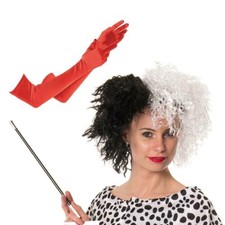 CRUELLA DEVILLE DE VILLE FANCY DRESS COSTUME WIG CIGARETTE HOLDER GLOVES LOT