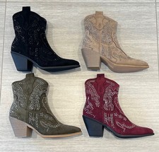 Ladies Faux Suede Diamante Detail Zip Up Mid Calf Lined Cowboy Boot