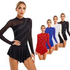 Womens Longsleeve Figure Skating Dress Rhinestone Competition Dance Costume