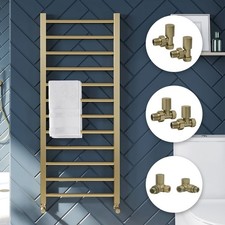 Brushed Brass Bathroom Straight Heated Towel Rail Radiator & Manual Rad Valves
