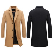 Mens Wool Like Pea Coat Notch Lapel Warm Long Jacket Woolly Peacoat Pocket