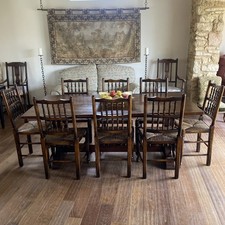 Antique oak Refectory Table 6ft x 3ft 8 spindle Chairs rush seat family dining 