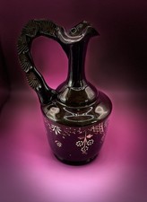 Antique Bohemian Green Hand Blown Glass Decanter Ewer With Enamel & Rough Pontil