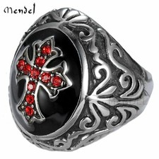 MENDEL Mens Titanium Red CZ Knights Templar Crusader Cross Ring Silver size 7-15