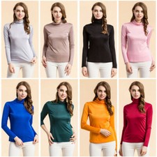 Womens 100% Mulberry Silk Knitted High Neck T Shirt Undershirt Long Sleeve Top