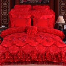 Princess Frilly Bridal Satin Lace Bedding Set Duvet Flat Sheet Embroidered Style