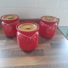 Dunelm Hang Tag Tea Coffee Sugar Jars Red Ceramic Canisters With Wooden Lids
