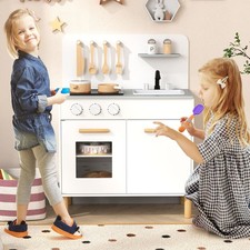 Wooden Play Kitchen Set Toddler Kitchen Playset with Light up Stove-White