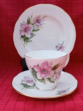 Vintage Duchess Fine Bone China Trio Tea Cup Saucer Side Plate Pink Wood Anemone