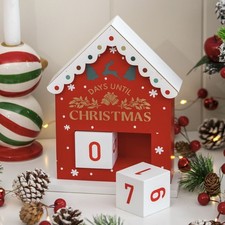 Red Christmas Countdown Block Calendar Wooden House Festive Xmas Block Numbers