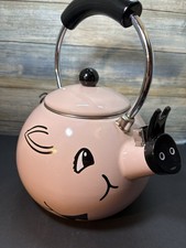 Vintage 1990 Kamenstein Enamel Pink Pig Stove Top Whistle Teapot Tea Kettle