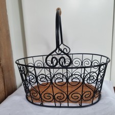 Vintage Wire & Wicker Basket – Black Heart Scroll Metal Storage Carry Handle