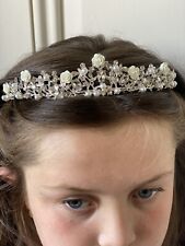 First Communion Silver Hair Tiara Crystal White Flower Girls Glitter Hair Crown
