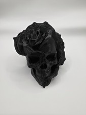 Black Skull with Rose Ornament – Gothic Home Décor | Modern 3D Printed Skull Sta