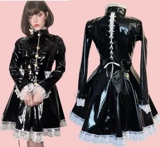 Misfitz black PVC padlock & lace back Sissy Maids dress.  SIZE 26. CD TV Goth