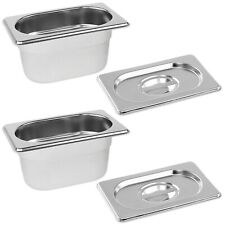 STAINLESS STEEL FOOD PANS 2 x GASTRONORM 1/9 TRAYS AND LIDS 65mm DEEP BAIN MARIE