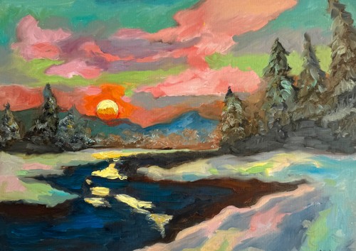 Winter sunset oil painting - oil,