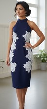 Pink Boutique Navy & White Halterneck Bodycon Dress Size 10 Excellent Condition