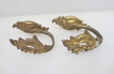 Antique Brass Curtain Tie Backs Hooks French Old Victorian Rococo Leaf Vintage