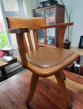 Antique Swivel Circa 1900 Oak Edwardian Directors Office Armchair Brown leather