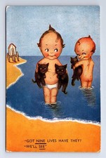 British Postcard, Children with Black Cats, Nine Lives Have They