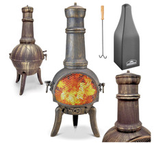 Cast Iron Chiminea with Cover Garden Fire Pit BBQ Outdoor Fireplace Cooking