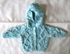 Handmade Aran design baby hooded cardigan/jacket  0-3 month size blue shades