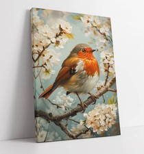 CUTE ROBIN IN WHITE CHERRY BLOSSOM TREE FRAMED CANVAS WALL ART PICTURE PRINT