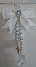 Pram charms*new*whit Crystal Teddy With Mixed Beads White Bow With Diamond Cross