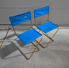 SET OF 2 - Lafuma France Folding Metal Camping Director Chairs Stool Blue Canvas