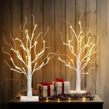 Mini Christmas Xmas Tree Tabletop Birch Twig Tree With LED Light Set of 2