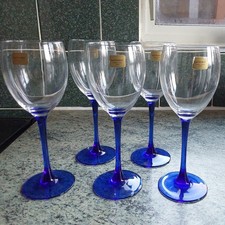 set of 5 Luminarc cobalt  Blue Stem Wine Glasses 7.75 inch