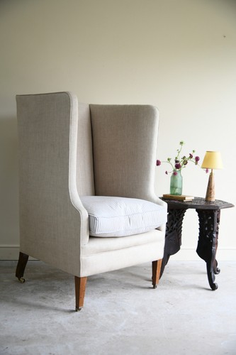 Antique linen upholstered wing - linen,