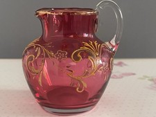 Vintage Cranberry Glass Jug Gold Coloured Detailing. Clear Glass Handle 8cm Tall